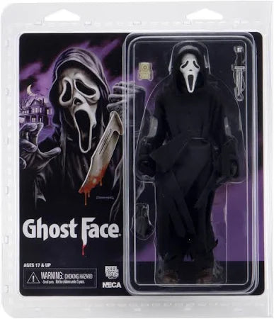 Action figure packaging of Ghost Face from Scream with a purple background