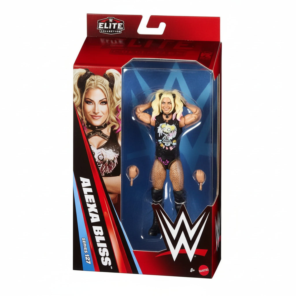 WWE Elite Series 16 Alexa Bliss action figure in its original packaging, featuring a blonde wrestler in a black graphic top and purple shorts.