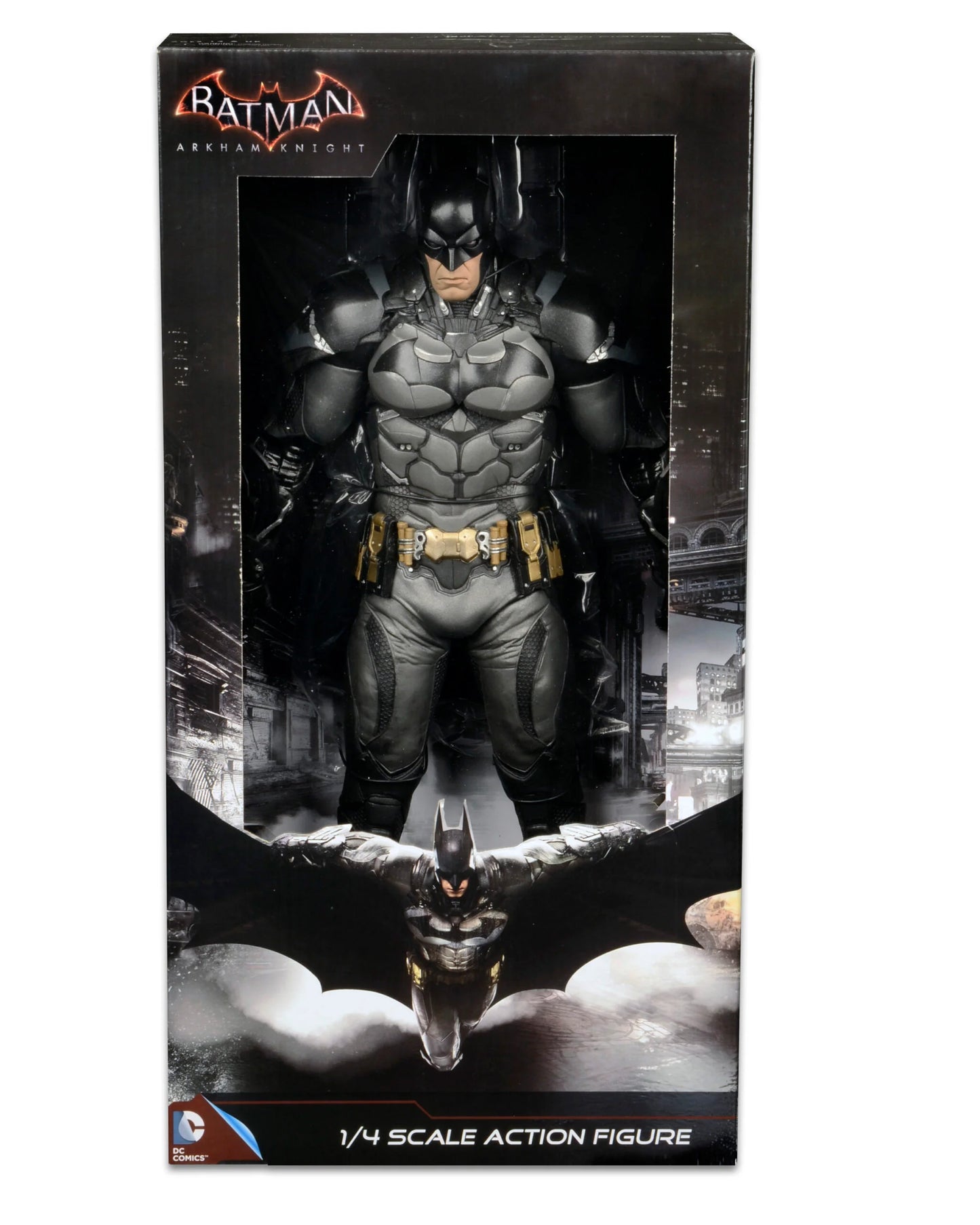 Action figure of a superhero in a dark costume with a cape, standing on a black background.
