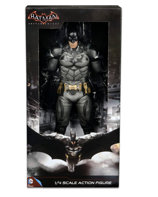 Action figure of a superhero in a dark costume with a cape, standing on a black background.
