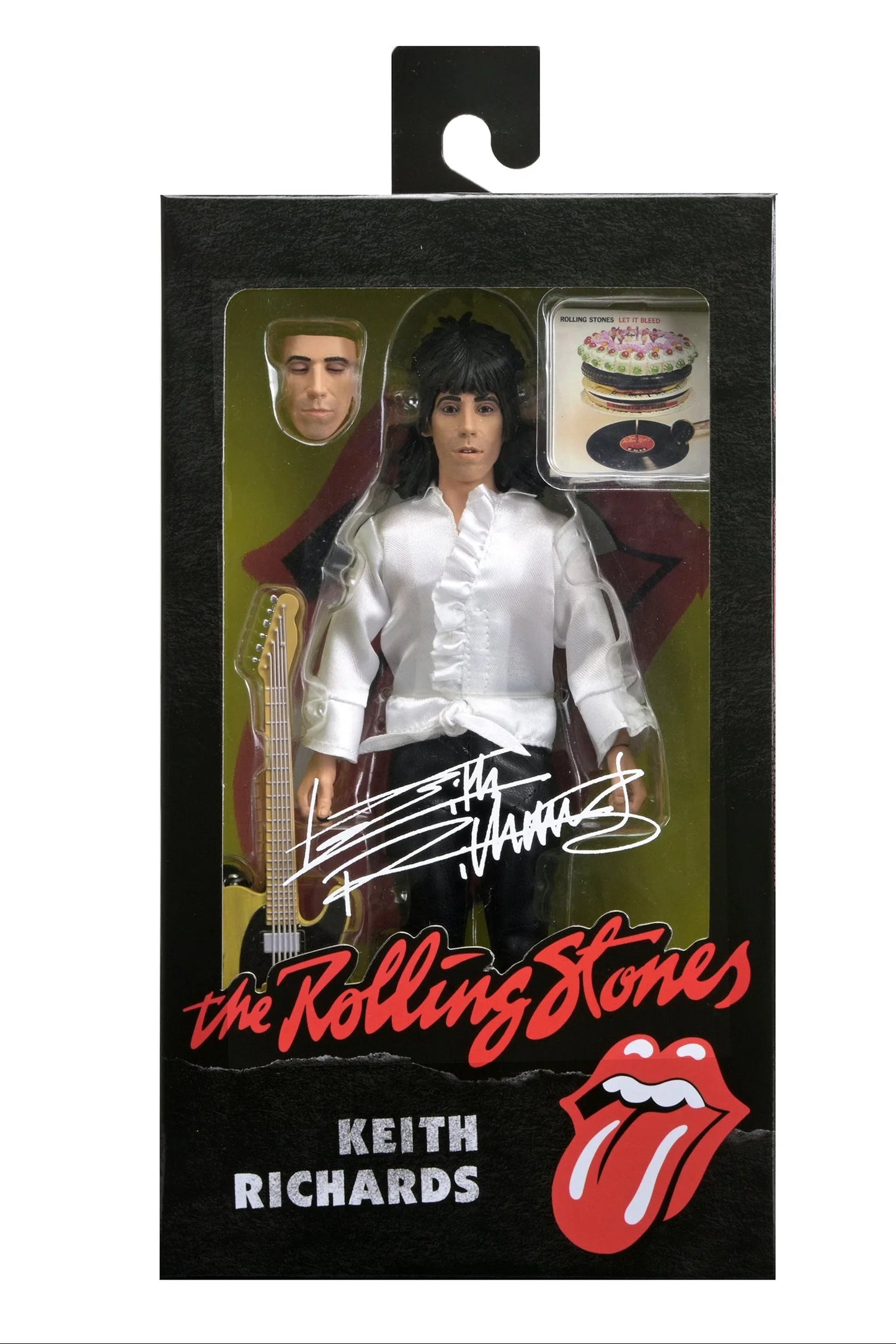 Action figure packaging of Keith Richards from The Rolling Stones with signature and band logo.