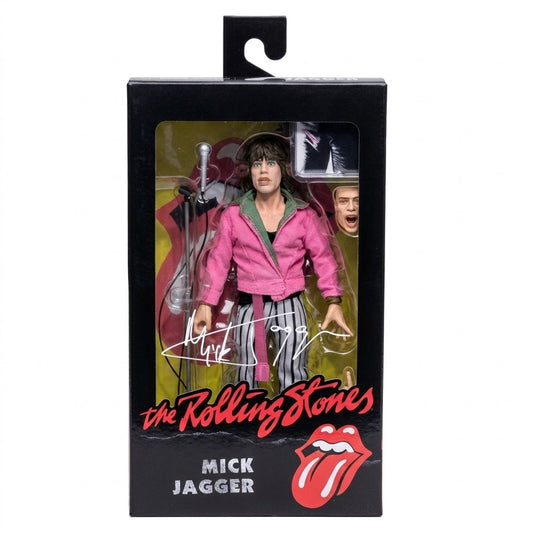 Action figure of Mick Jagger from The Rolling Stones in packaging with band logo.