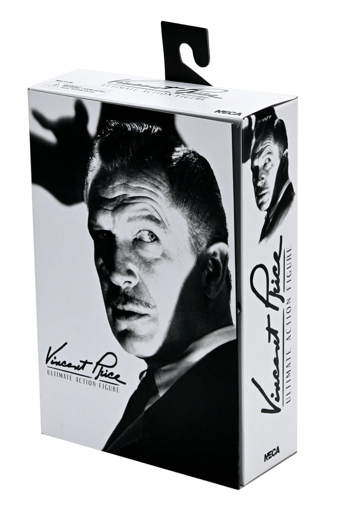 Box packaging of a Vincent Price action figure with black and white portrait on a white background