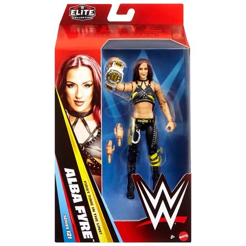 WWE Elite Collection Alba Fyre action figure packaging with red and blue design.