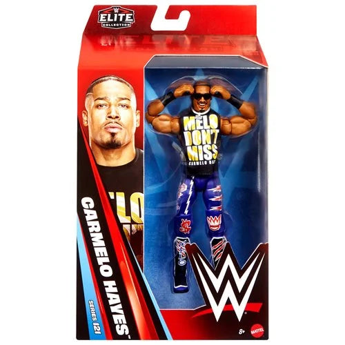 WWE Carmelo Hayes action figure in packaging with red and blue design