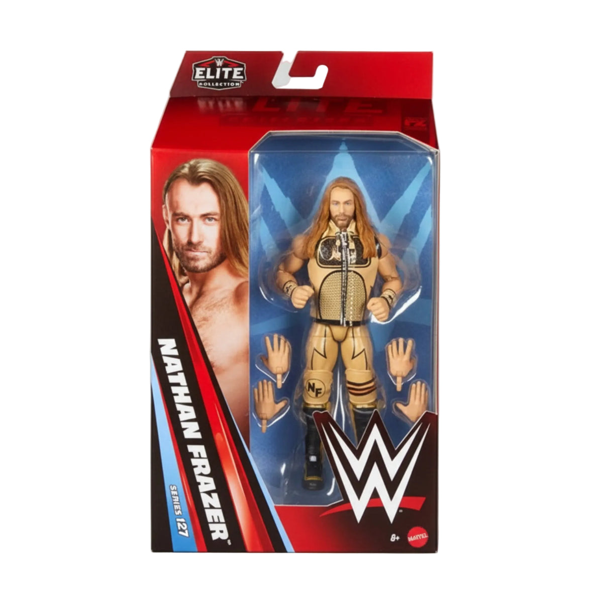 WWE Elite Series 27 Nathan Frazer action figure in its original window box packaging, featuring a tan and black outfit with interchangeable hands.
