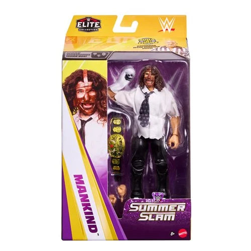 WWE Elite Collection Mankind action figure packaging with purple and yellow design