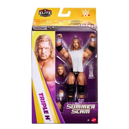 WWE Triple H action figure packaging with purple and yellow design