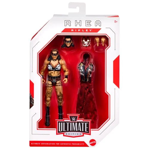 WWE Rhea Ripley action figure packaging with red and white design