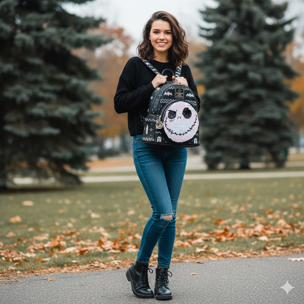 Loungefly Disney The Nightmare Before Christmas: Jack Skellington Fair Isle & Reversible Sequin Mini Backpack